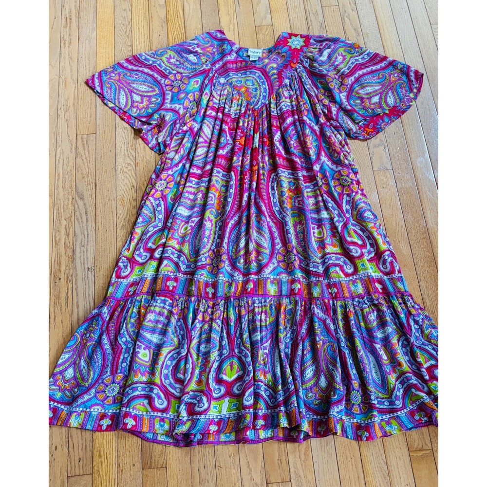 Vintage Saybury Dress Ruffle Tiered Muumuu Kaftan Babydoll Small Pink Summer